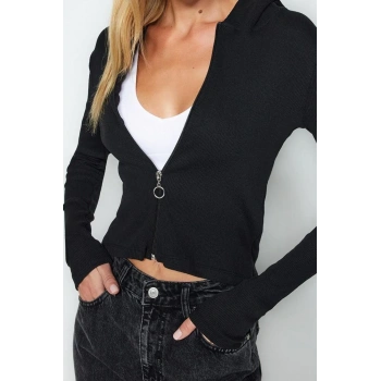 Stil Kadın ve Fermuarlı Fitilli Fitted Vücuda Oturan Esnek Bluz Crop Örme Slim Kalıp