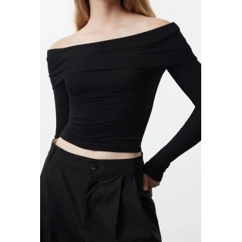 Stil Kadın Kısa Esnek Bluz Crop Örme Slim Kalıp