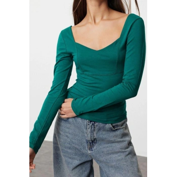 Stil Kadın Fitted Vücuda Oturan Kollu Pamuklu Esnek Bluz Regular Örme Slim Kalıp