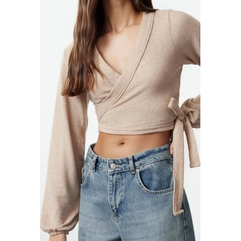 Stil Kadın Yumoş Bağlama Detaylı Kollu Bluz Regular Örme Slim Kalıp İspanyol Kol