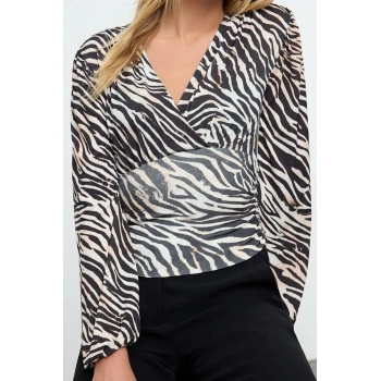 Stil Kadın Animal Baskı Yeşili Büzgü Drape Detaylı Kollu Esnek Bluz Regular Slim Kalıp Balon Kol