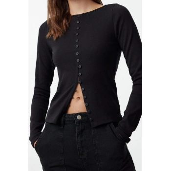 Stil Kadın Düğme Detaylı Fitilli Esnek Boy Bluz Regular Örme Fitted Kalıp