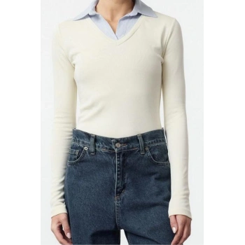 Stil Kadın Dokuma Detaylı Gömlek Yaka Normal Kalıp Bluz Uzun Örme Regular Kalıp