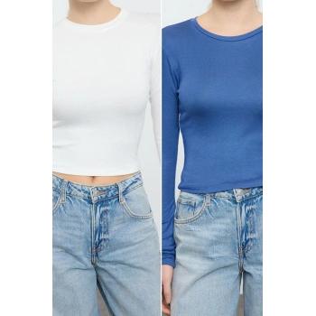 Stil Kadın -Ekru İkili Paket Kısa Fitted Vücuda Oturan Bluz Crop Örme Slim Kalıp