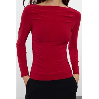 Stil Kadın Drapeli Vücuda Oturan Esnek Bluz Regular Örme Slim Kalıp