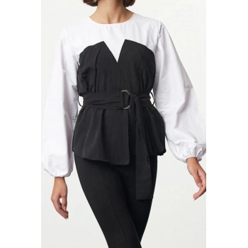 Stil Kadın lu Kemerli Bluz Regular Dokuma Slim Kalıp Balon Kol