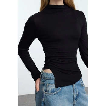 Stil Kadın Fitted Büzgü Drape Detaylı Bluz Crop Örme Slim Kalıp