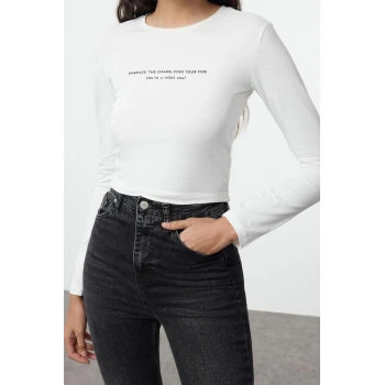 Stil Kadın Baskılı Vücuda Oturan Esnek Bluz Crop Örme Slim Kalıp