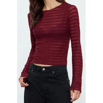 Stil Kadın Fitted Vücuda Oturan Dokulu Tül Esnek Bluz Regular Örme Slim Kalıp