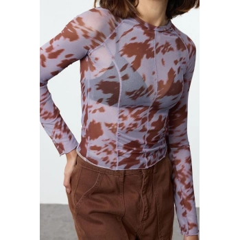 Stil Kadın Karyoka Dikişli Soyut Desenli Vücuda Oturan Kısa Bluz Crop Örme Slim Kalıp