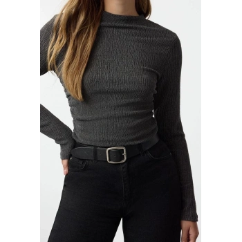 Stil Kadın Büzgü Drape Detaylı Normal Kalıp Bluz Regular Örme Slim Kalıp