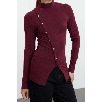 Stil Kadın Fitted Vücuda Oturan Düğme Detaylı Fitilli Esnek Bluz Regular Örme Slim Kalıp