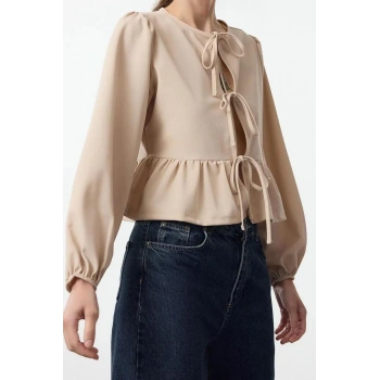 Stil Kadın Bağlama Detaylı Normal Kalıp Esnek Bluz Regular Örme Regular Kalıp Balon Kol