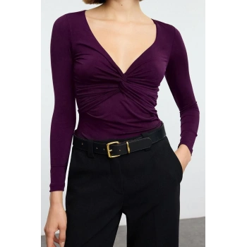 Stil Kadın Büzgü Drape Detaylı Fitted Vücuda Oturan Kollu Esnek Bluz Crop Örme Slim Kalıp