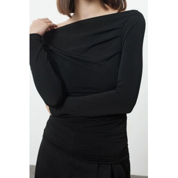 Stil Kadın Büzgü Drape Detaylı Fitted Vücuda Oturan Kollu Esnek Bluz Regular Örme Slim Kalıp