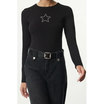 Stil Kadın Yıldız Taş Baskılı Fitted Vücuda Oturan Bluz Regular Örme Slim Kalıp