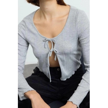 Stil Kadın Bağlama Detaylı Fitted Vucuda Oturan Esnek Bluz Regular Örme Slim Kalıp