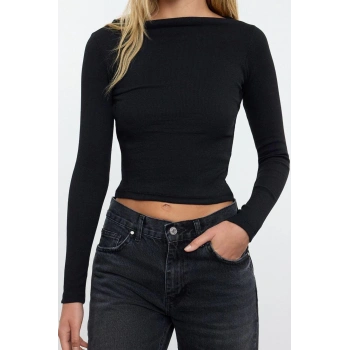 Stil Kadın Fitted Vücuda Oturan Fitilli Esnek Bluz Regular Örme Slim Kalıp Düşük Kol