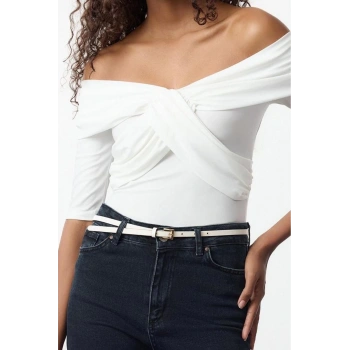 Stil Kadın Kruvaze Kapama Vücuda Oturan Bluz Uzun Örme Fitted Kalıp