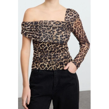 Stil Kadın Leopar Baskılı Vücuda Oturan Esnek Bluz Regular Örme Slim Kalıp Tek Kol