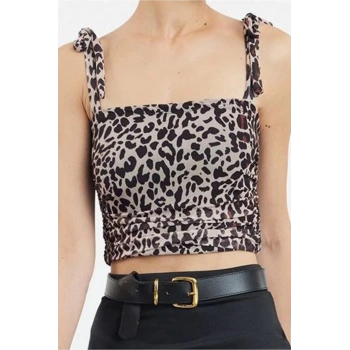 Stil Kadın Animal Leopar Desenli Bağlama Detaylı Esnek Bluz Crop Örme Slim Kalıp