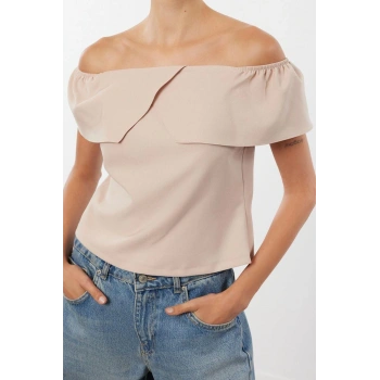 Stil Kadın Omzu Açık Fitted Bluz Regular Dokuma Regular Kalıp Düşük Kol