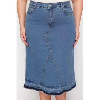 Moda Büyük Beden Regular Düz Desen Günlük Midi Boy Renk Bloklu Denim Etek