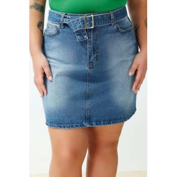 Moda Büyük Beden Regular Düz Desen Günlük Mini Boy Kemerli Mini Denim Etek