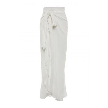 Moda Kruvaze Düz Desen Plaj Midi Boy Maxi Dokuma Volanlı Etek