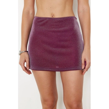 Moda Regular Düz Desen Plaj Midi Boy Mürdüm Mini Örme Simli Etek