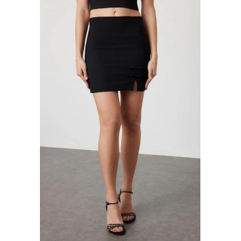 Moda Fitted Düz Desen Şık Gece Mini Boy Fiyonk Detaylı Dokuma Etek