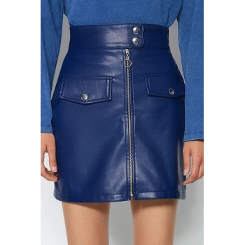 Moda Düz Desen Günlük Mini Boy Kemer ve Fermuar Detaylı Suni Deri Mini Dokuma Etek