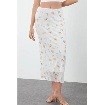 Moda Slim Baskılı Desen Günlük Maxi Boy Bel Detaylı Baskılı Esnek Tül Maxi Örme Etek