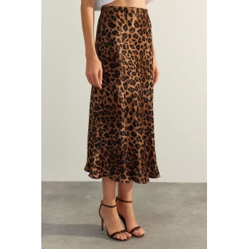 Moda Regular Animal Desen Resmi Midi Boy Premium Yüksek Kalite Hayvan Desenli Saten Midi Dokuma Etek