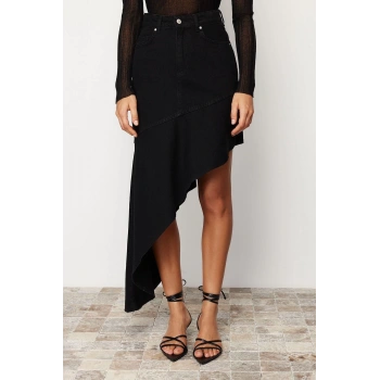 Moda Asimetrik Düz Desen Günlük Maxi Boy Asimetrik Yüksek Bel Maxi Denim Etek