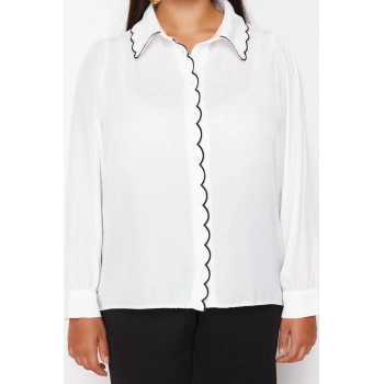 Moda Kadın Büyük Beden Bebe Yaka Düz Desen Günlük Nakış Detaylı Dokuma Gömlek