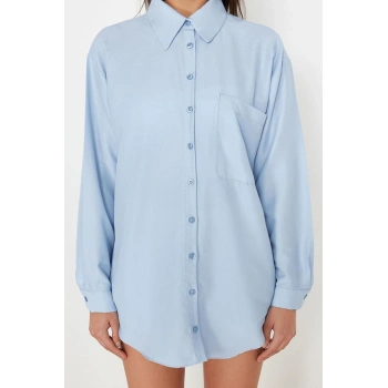 Moda Kadın Gömlek Yaka Düz Desen Plaj Giyim Mavi Dokuma Gömlek