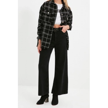 Moda Kadın Gömlek Yaka Geometrik Desen Günlük Ekose Cep Detaylı Tüvit Dokuma Ceket Gömlek