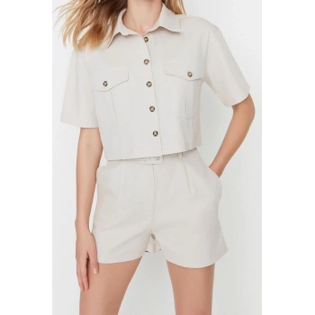 Moda Kadın Gömlek Yaka Düz Desen Günlük Cep Detaylı Kısa Kollu Regular Normal Kalıp Dokuma Gömlek