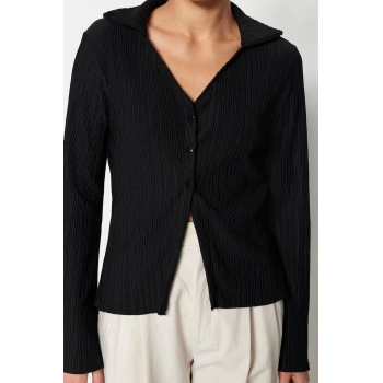 Moda Kadın Gömlek Yaka Düz Desen Gündüz Gece Piliseli Ve Düğmeli Flare İspanyol Kol Örme Gömlek