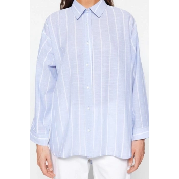 Moda Kadın Gömlek Yaka Çizgili Desen Günlük Çizgili Oversize Geniş Kalıp Dokuma Gömlek
