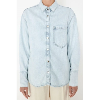 Moda Kadın Gömlek Yaka Düz Desen Günlük Lyocell Oversize Denim Gömlek