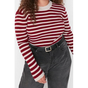 Stil Kadın Regular Standart Kol Bisiklet Yaka Büyük Beden Çizgili Fitilli Vücudu Saran Triko Kazak