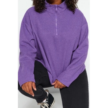 Büyük Beden Tarz Regular Dik Yaka Düşük Kol Crop Fermuarlı Selanik İnce Örme Sweatshirt