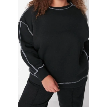 Büyük Beden Bisiklet Yaka Düşük Kol Karyoka Dikişli Kalın Şardonlu Örme Sweatshirt