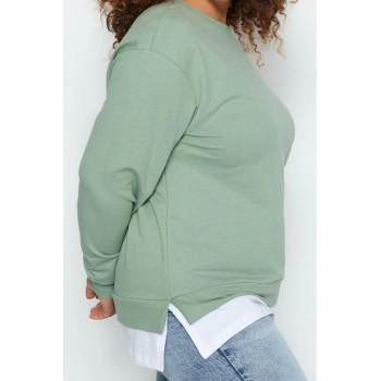 Büyük Beden Oversize Bisiklet Yaka Düşük Kol Alttan T-Shirt Çıkma Görünüm İnce Örme Sweatshirt