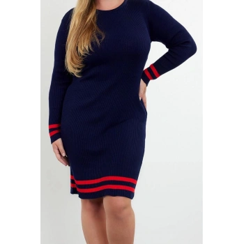 Moda Stil Fitted Bisiklet Yaka Mini Boy Büyük Beden Fitilli Triko Büyük Beden Elbise