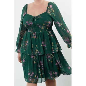 Moda Stil Relaxed Kare Yaka Mini Boy Büyük Beden Şifon Dokuma Büyük Beden Elbise