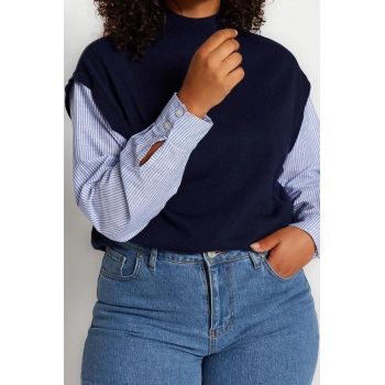 Stil Modern Kadın Regular Standart Kol Dik Yaka Büyük Beden Kolları Çizgili Dokuma Mixli Triko Kazak