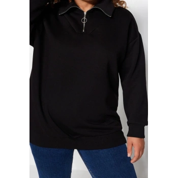 Büyük Beden Oversize Fermuarlı Yaka Düşük Kol Uzun Kalın İçi Polarlı Fermuarlı Örme Sweatshirt